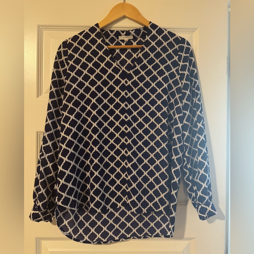 Pleione Navy and White Lattice Patterned Women's Blouse